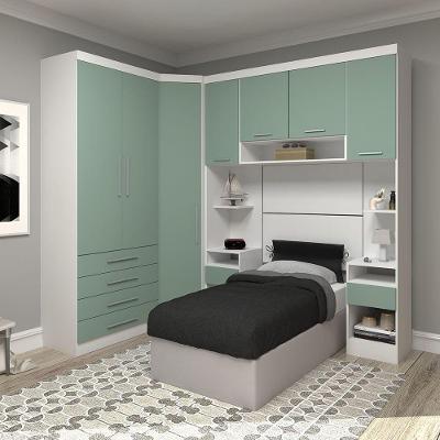 Quarto De Canto Solteiro Com Guarda Roupas E Mesas De Cabeceira Alpes Luciane Móveis Branco Pf Com Verde Pf