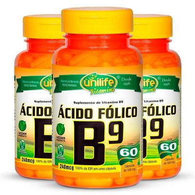 Kit 3 Vitamina B9 Ácido Fólico 60 Cápsulas Unilife