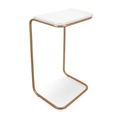 Kit 2 Mesas Lateral Tampo Branco P/ Sofá Base Dourado