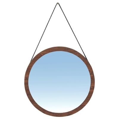 Espelho Redondo 65cm Com Tira De Couro Madeira Maciça Brown