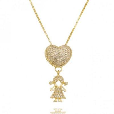 Colar Coração Cravejado Filha Menina Banhado a Ouro