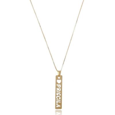 Colar Retangular Com Coração E Nome Vazado Folheado Em Ouro 18k
