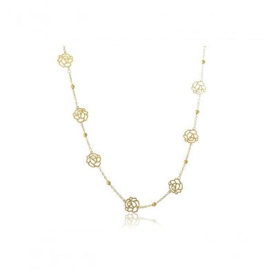 Colar Longo Com Bolinha E Flor Folheado Em Ouro 18k