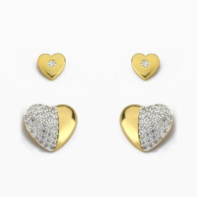 Kit Dupla Brinco Coração Cravejado Zircônia Banhado Ouro 18k - Cristal