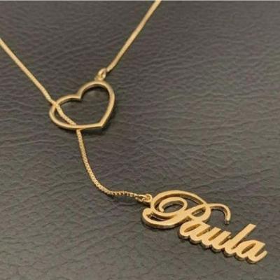 Gargantilha Gravatinha Nome Personalizado Coração Banhada A Ouro