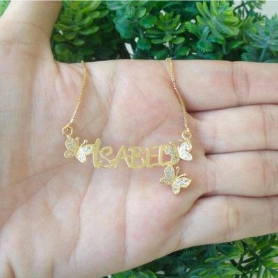 Gargantilha Nome Personalizado Com Borboletas Cravejadas Banhada A Ouro