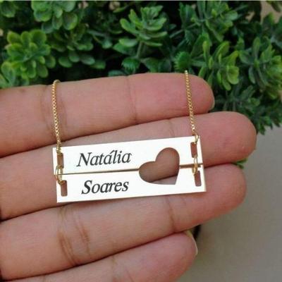 Gargantilha Coração Vazado Personalizado 2 Nomes Banho De Ouro