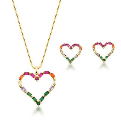 Conjunto Colar E Brincos Coração Vazado Colorido Banhado A Ouro 18k - 45cm