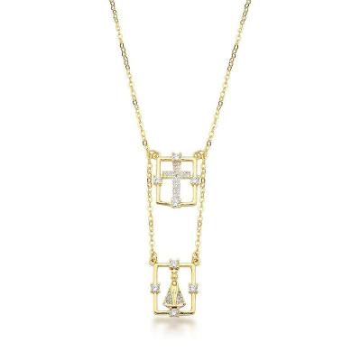 Colar Escapulário Longo Nossa Senhora Aparecida Banhado Ouro 18k - 80cm
