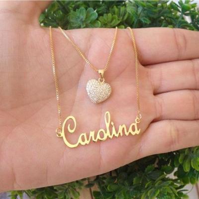Gargantilha Dupla Manuscrito E Coração Cravejado Banhado A Ouro