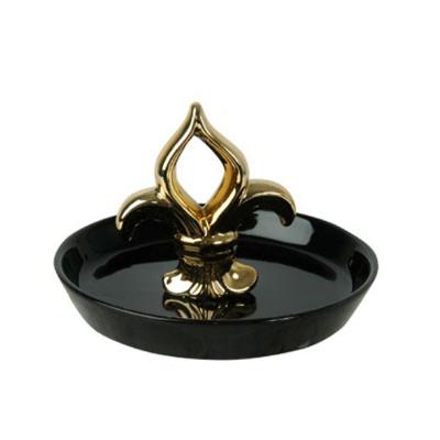 Porta anel em Cerâmica Flor De Lis Preto e Dourado 10,5x13
