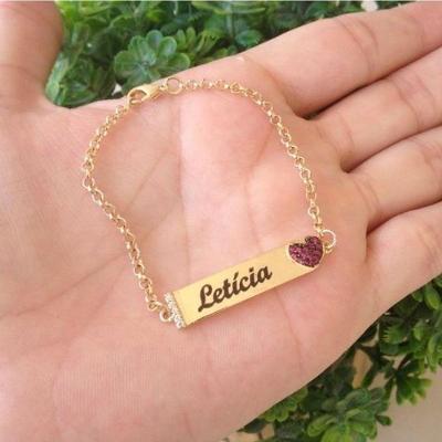 Pulseira Chapinha Infantil Coração Cravejado Em Banho De Ouro