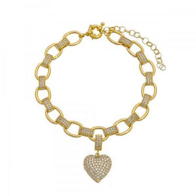 Pulseira Coração Pendurado Cravejado em Banho de Ouro
