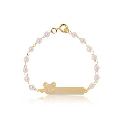 Pulseira Infantil Pérola Chapinha com Ursinho Banhado a Ouro