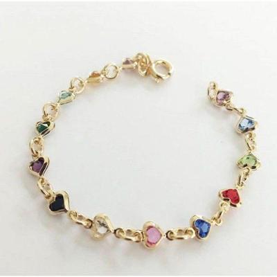 Pulseira Infantil Corações Coloridos Em Banho De Ouro F. 6.9