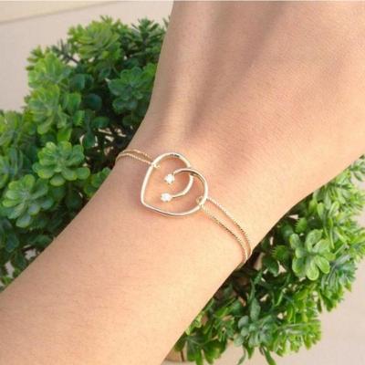 Pulseira Dupla Coração Com Pedra De Zircônia Banho De Ouro
