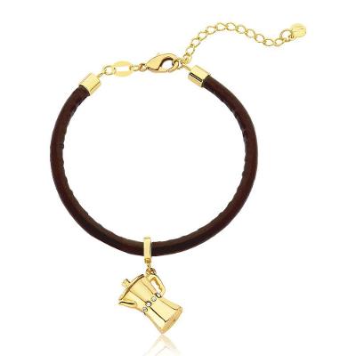 Pulseira De Couro Vl Café Com Cafeteira Revestida Em Ouro.