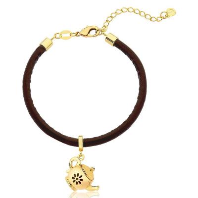 Pulseira De Couro Vl Café Com Bule Revestida Em Ouro.