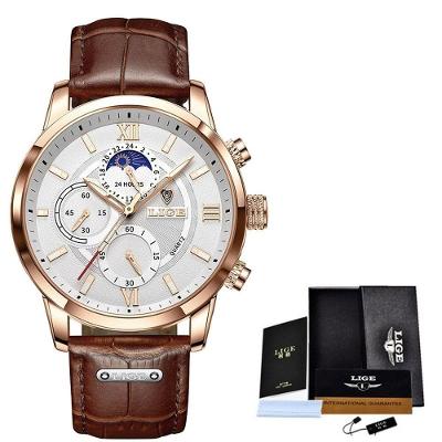 Relógio Masculino Lige 8974 à Prova D'água Rosa Ouro Branco