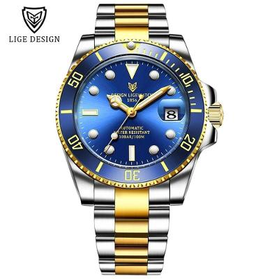 Relógio Masculino Lige 6801 à Prova D'água Ouro Azul