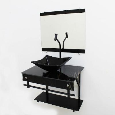 Gabinete de Vidro 60cm com Cuba Quadrada Mármore Preto