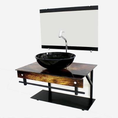 Gabinete de Vidro 60cm com Cuba Redonda Madeira Rústica