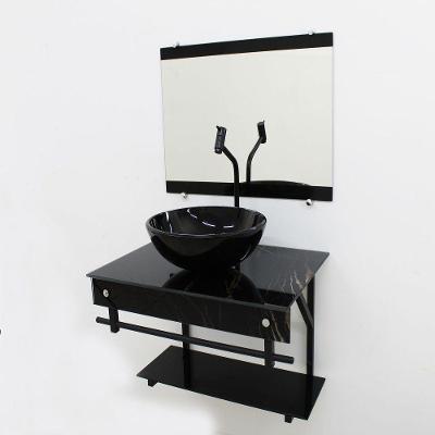 Gabinete de Vidro 60cm com Cuba Redonda Mármore Preto