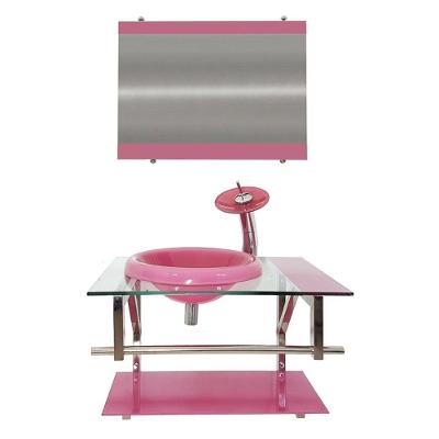 Gabinete de Vidro 60cm Inox com Cuba Chapéu Redonda Rosa