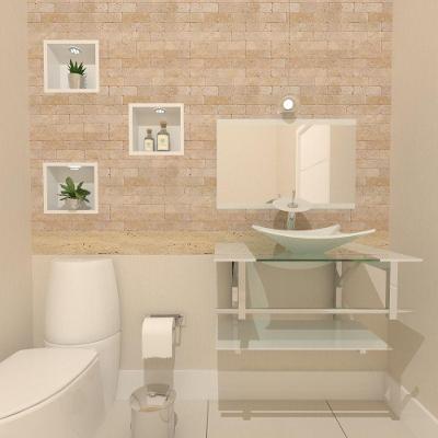 Gabinete de Vidro 70cm Inox com Cuba Retangular Branco