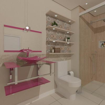 Gabinete de Vidro 70cm com Cuba Quadrada Rosa
