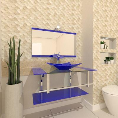 Gabinete de Vidro 80cm Inox com Cuba Retangular Azul Escuro