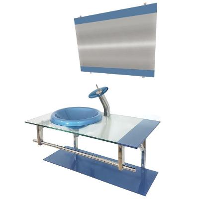 Gabinete de Vidro 90cm Inox com Cuba Chapéu Redonda Azul