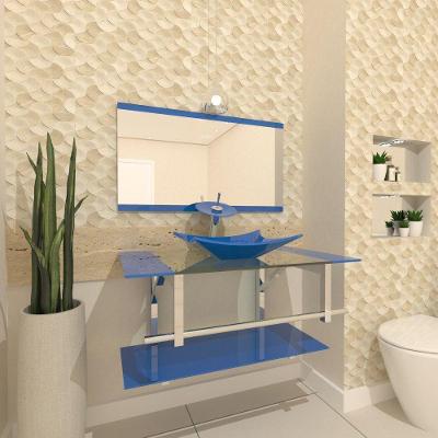 Gabinete de Vidro 90cm Inox com Cuba Retangular Azul
