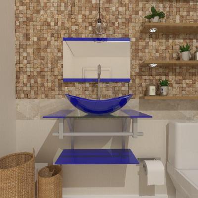 Gabinete De Vidro Para Banheiro 60cm Ac Cuba Oval Com Sifao E Torneira Metal Cor:azul Escuro