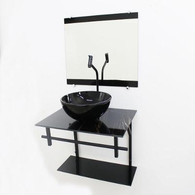 Gabinete de Vidro 60cm com Cuba Redonda Mármore Preto