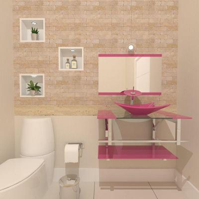 Gabinete de Vidro 70cm Inox com Cuba Retangular Rosa