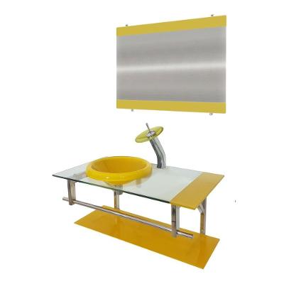 Gabinete de Vidro 90cm Inox com Cuba Chapéu Redonda Amarelo