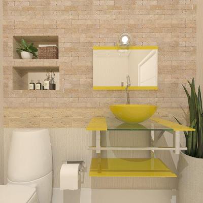 Gabinete De Vidro Para Banheiro 60cm Inox Cuba Redonda Com Sifao E Torneira Metal Cor:amarelo