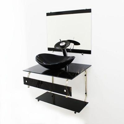 Gabinete de Vidro 60cm Inox com Cuba Oval Mármore Preto