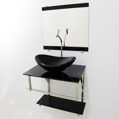 Gabinete de Vidro 60cm Inox com Cuba Oval Mármore Preto