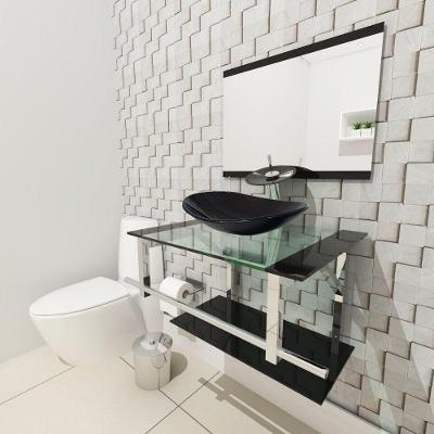 Kit Gabinete de Vidro 60 cm Cuba e Torneira Ibiza Preto