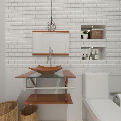 Gabinete De Vidro Para Banheiro 60cm Inox Cuba Quadrada Com Sifao E Torneira Metal Cor:dourado Real