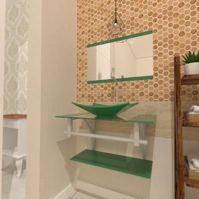 Gabinete De Vidro Para Banheiro 60cm Ac Cuba Retangular Com Sifao E Torneira Metal Cor:verde