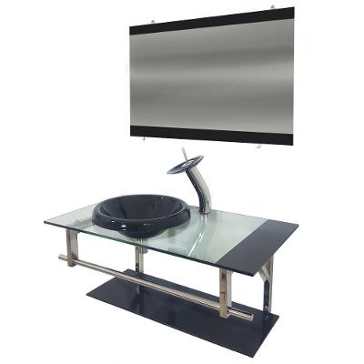 Gabinete de Vidro 90cm Inox com Cuba Chapéu Redonda Preto