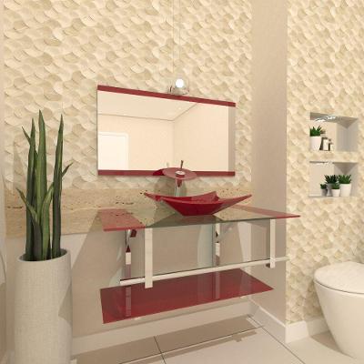 Gabinete de Vidro 80cm com Cuba Retangular Vermelho Cereja
