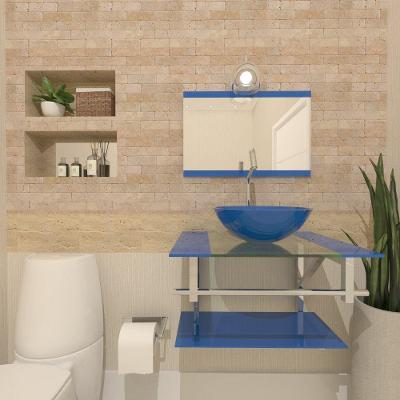 Gabinete De Vidro Para Banheiro 60cm Inox Cuba Redonda Com Sifao E Torneira Metal Cor:azul