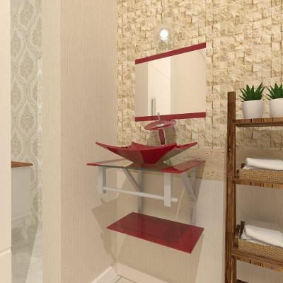 Gabinete de Vidro Cuba Retangular + Torneira Vermelho Cereja