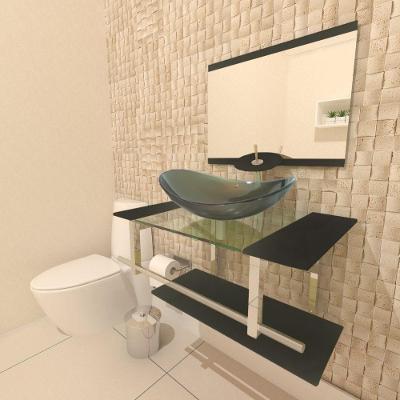 Gabinete de Vidro 70cm Inox com Cuba Oval Ouro Envelhecido