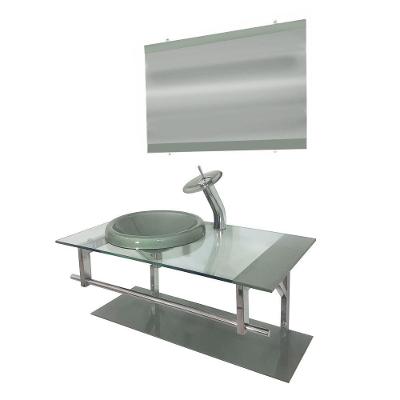 Gabinete de Vidro 90cm Inox com Cuba Chapéu Redonda Prata