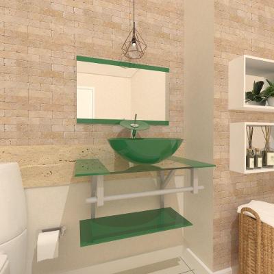 Gabinete De Vidro Para Banheiro 60cm Ac Cuba Redonda Com Sifao E Torneira Metal Cor:verde